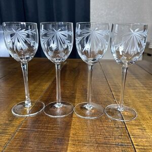 Set Of 4 Vintage Wine Glasses Romanian Hand-Blown Cut Toscany Crystal Etched